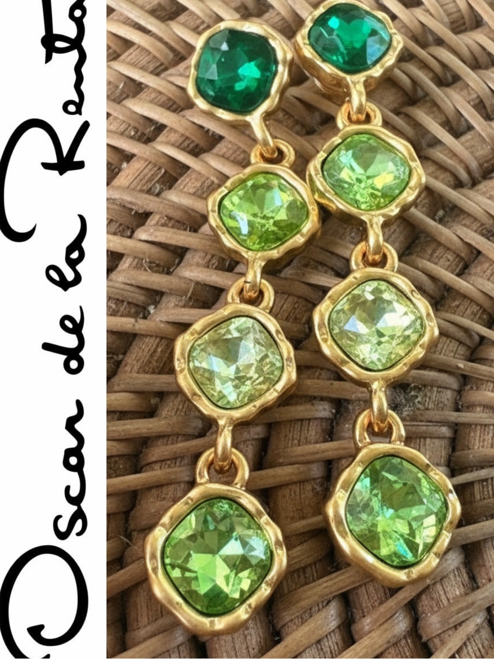 Oscar de la Renta Earrings Emerald Green Peridot Crystals✨SIGNED✨Post Back